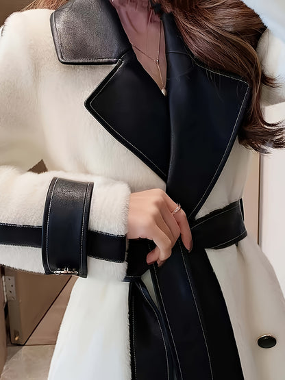 Sixsr Color Block Lapel Collar Belted Coat, Elegant Long Sleeve Plush Warm Outerwear, Women's Clothing
