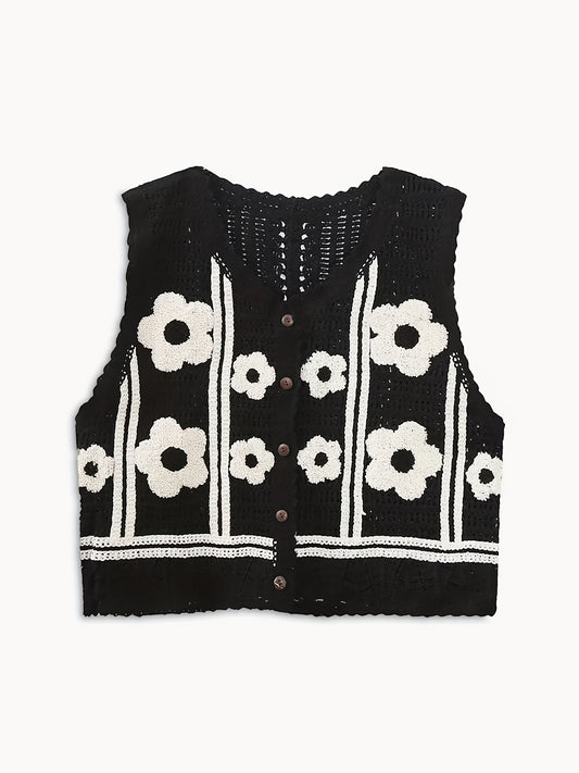 Sixsr Floral Pattern Button Crop Sweater Vest, Casual Sleeveless Hollow Sweater For Spring & Fall, Women's Clothing