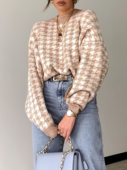Sixsr Houndstooth Print Knitted Sweater, Casual Long Sleeve Loose Sweater For Fall & Winter, Women's Clothing