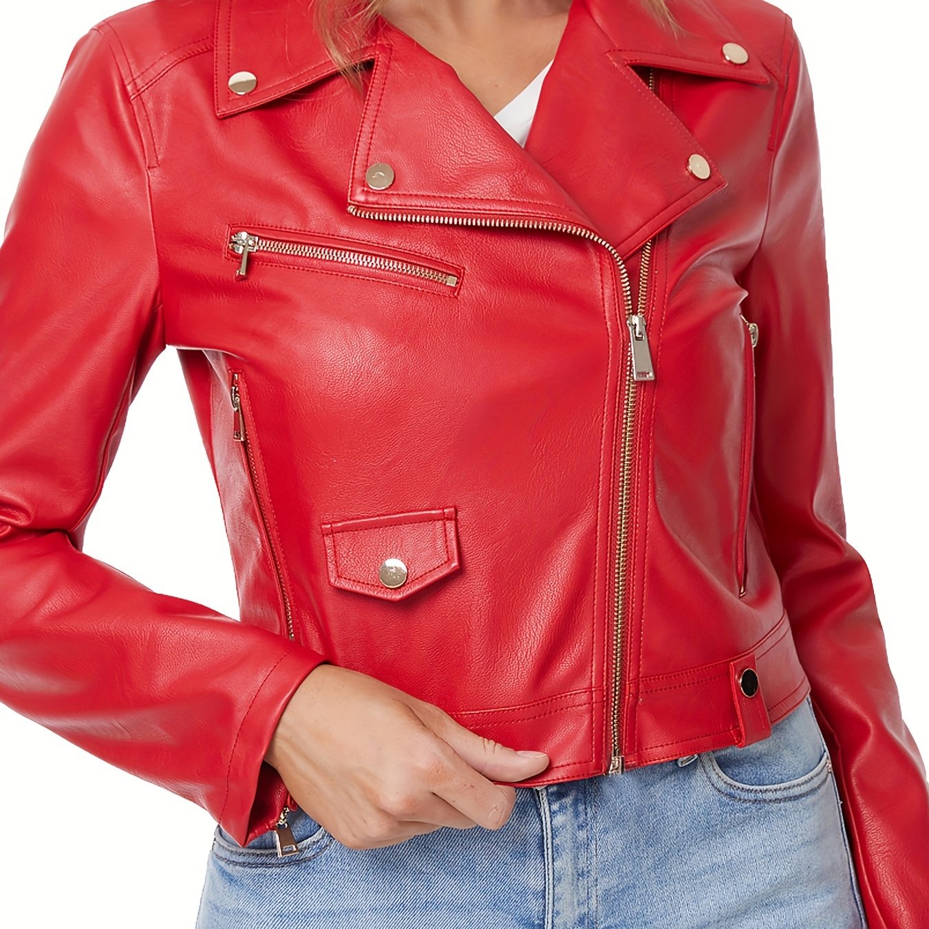 Slant Zipper Lapel Crop Biker Jacket, Vintage Solid Faux Leather Jacket, Women's Clothing