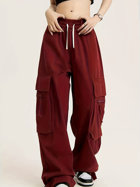 Sixsr Plus Size Casual Pants, Women's Plus Solid Buckle Detail Elastic Drawstring High Rise Wide Leg Trousers With Flap Pockets