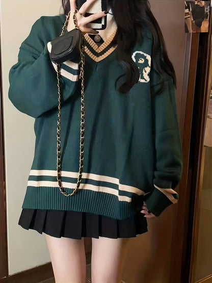 Sixsr Letter R Pattern V Neck Pullover Sweater, Preppy Long Sleeve Loose Sweater, Women's Clothing