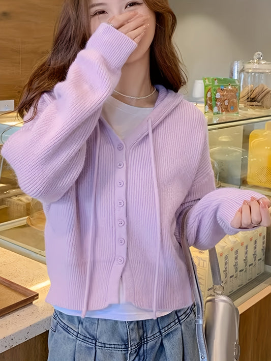 Sixsr Solid Button Down Drawstring Hooded Cardigan, Casual Long Sleeve Knit Sweater, Women's Clothing