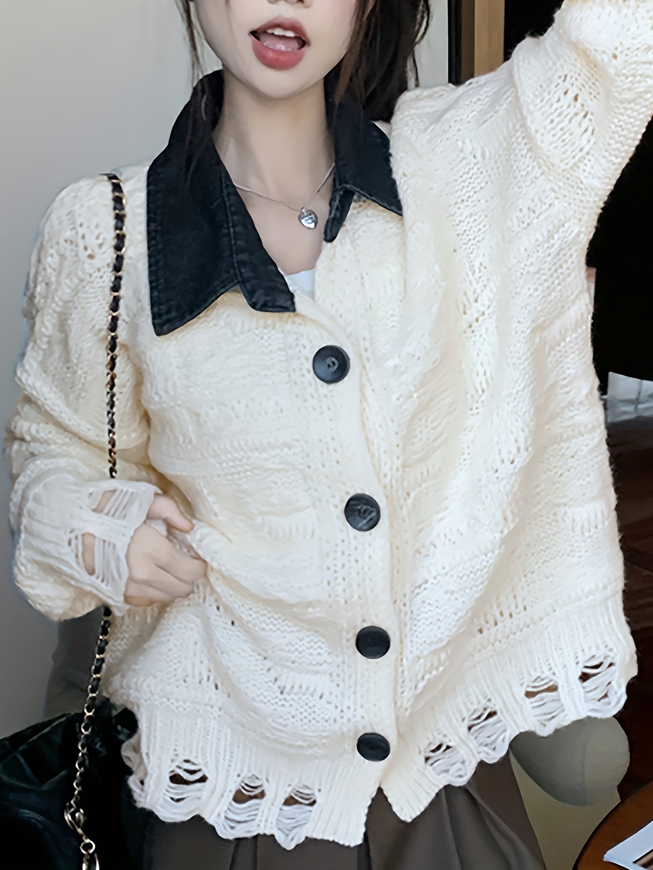 Sixsr Color Block Button Up Knit Cardigan, Casual Turndown Collar Long Sleeve Ripped Sweater, Women's Clothing