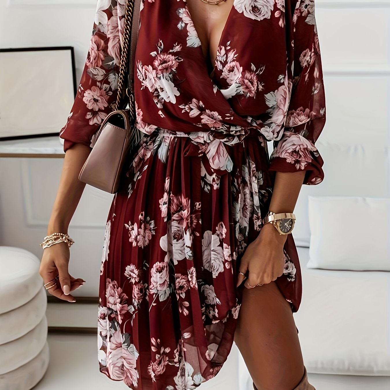 Floral Print Split Hem A-line Dress, Vintage V Neck Long Sleeve Dress, Women's Clothing