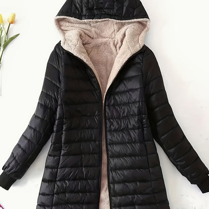 Sixsr Mid-length Hooded Slim Fit Fleece Padded Jacket, Warm Solid Color Causal Winter Coat, Women's Activewear