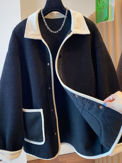 Sixsr Contrast Trim Patched Pockets Outwear, Versatile Long Sleeve Button Front Coat For Fall & Winter, Women's Clothing