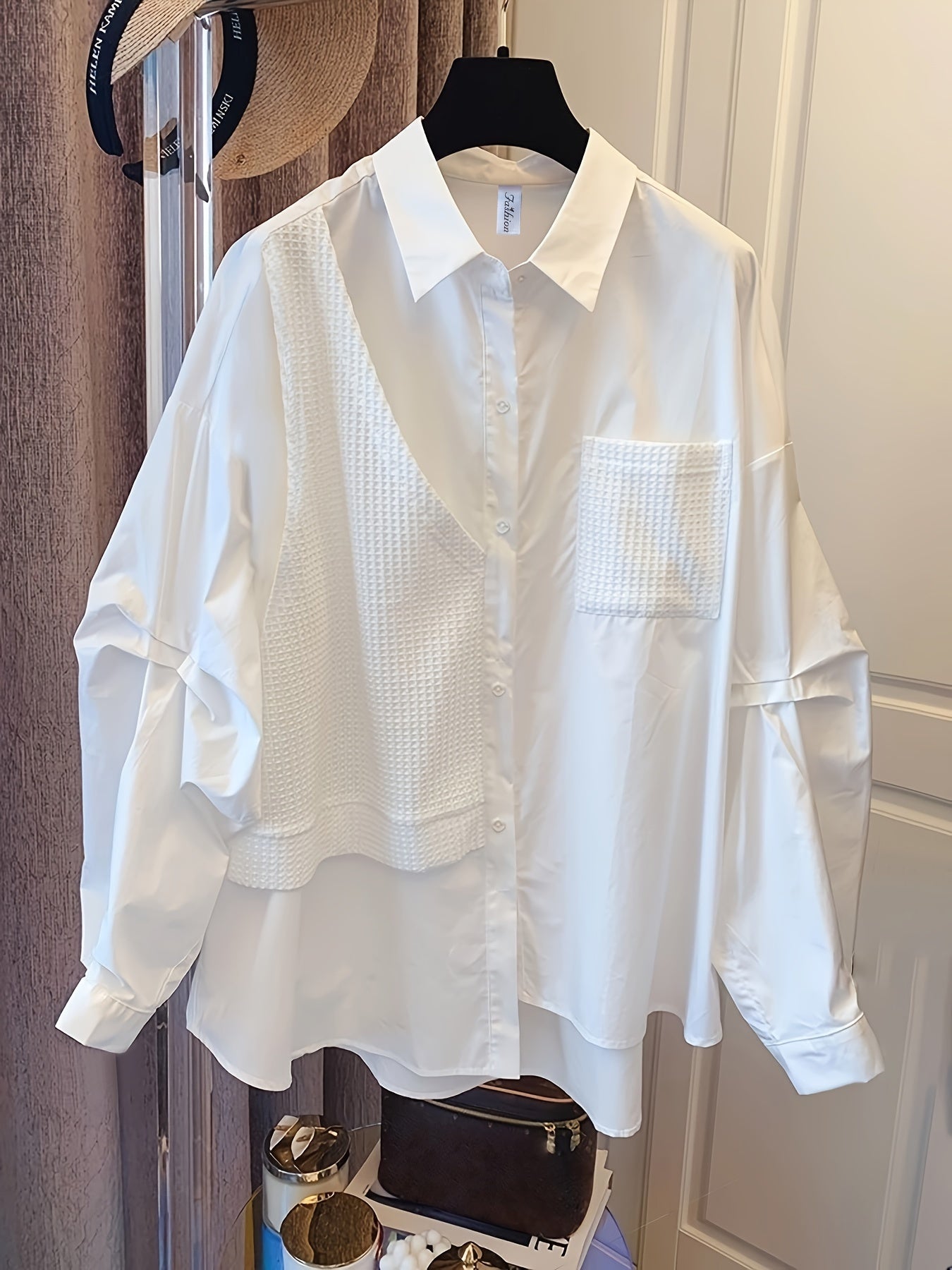 Sixsr Waffle Paneled Polo Collar Blouse, Elegant Long Sleeve Blouse For Spring & Fall, Women's Clothing