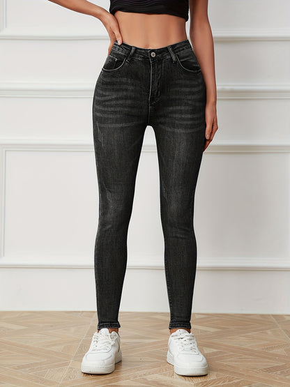 Sixsr High Rise Water Ripple Embossed Skinny Jeans, High Waist Zipper Button Closure Solid Color Skinny Pants, Women's Denim Jeans, Women's Clothing