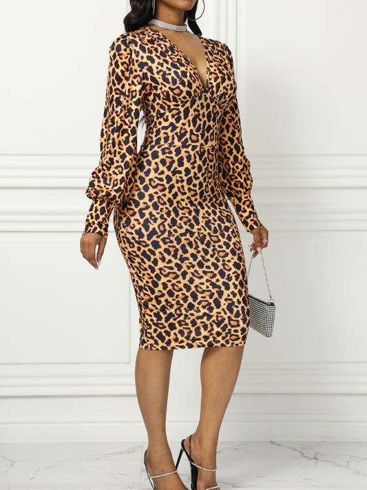 Sixsr Leopard Print Bishop Sleeve Dress, Elegant Plunge Neck Slim Dress For Spring & Fall, Women's Clothing