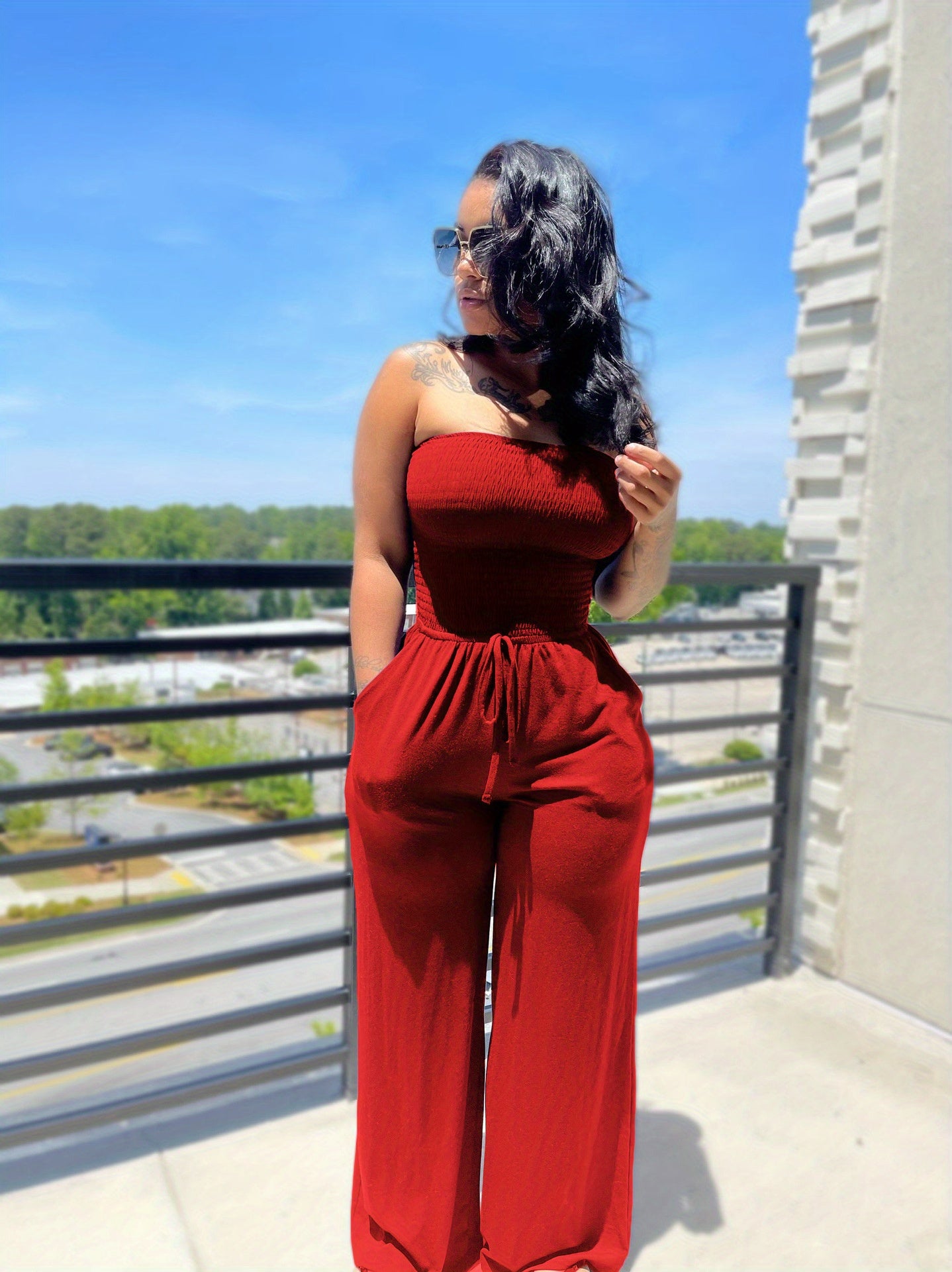 Sixsr Drawstring Shirred Tube Jumpsuit, Casual Off Shoulder Wide Leg Jumpsuit, Women's Clothing