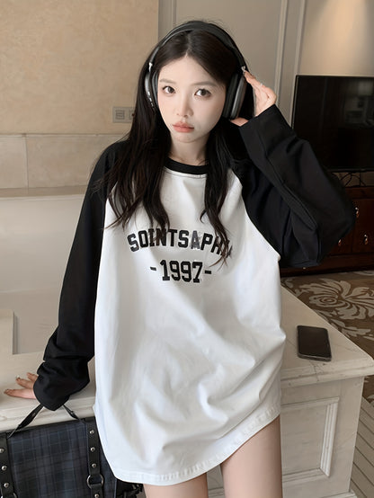 Sixsr Letter Print Color Block T-shirt, Casual Raglan Sleeve Crew Neck Top, Women's Clothing