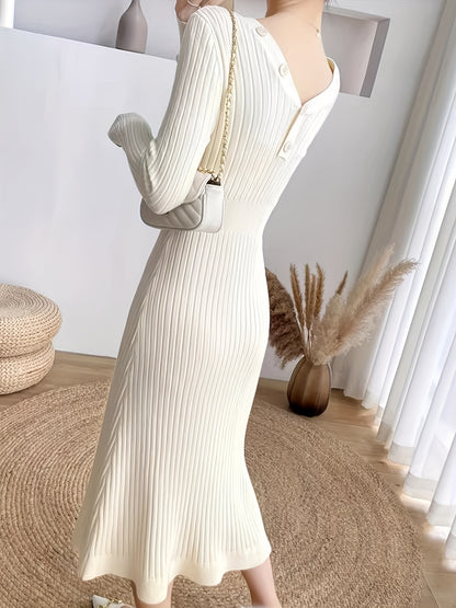 Sixsr Button Front Ribbed Dress, Elegant V Neck Long Sleeve Dress, Women's Clothing