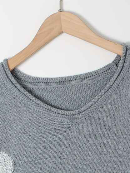 Sixsr Heart Pattern Crew Neck Pullover Sweater, Casual Long Sleeve Raglan Shoulder Sweater, Women's Clothing