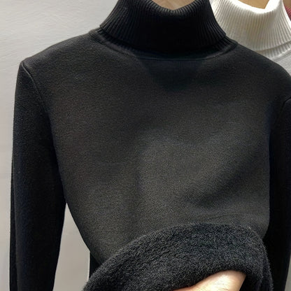 Sixsr Solid Turtle Neck Fleece Pullover Sweater, Elegant Long Sleeve Slim Thermal Sweater, Women's Clothing