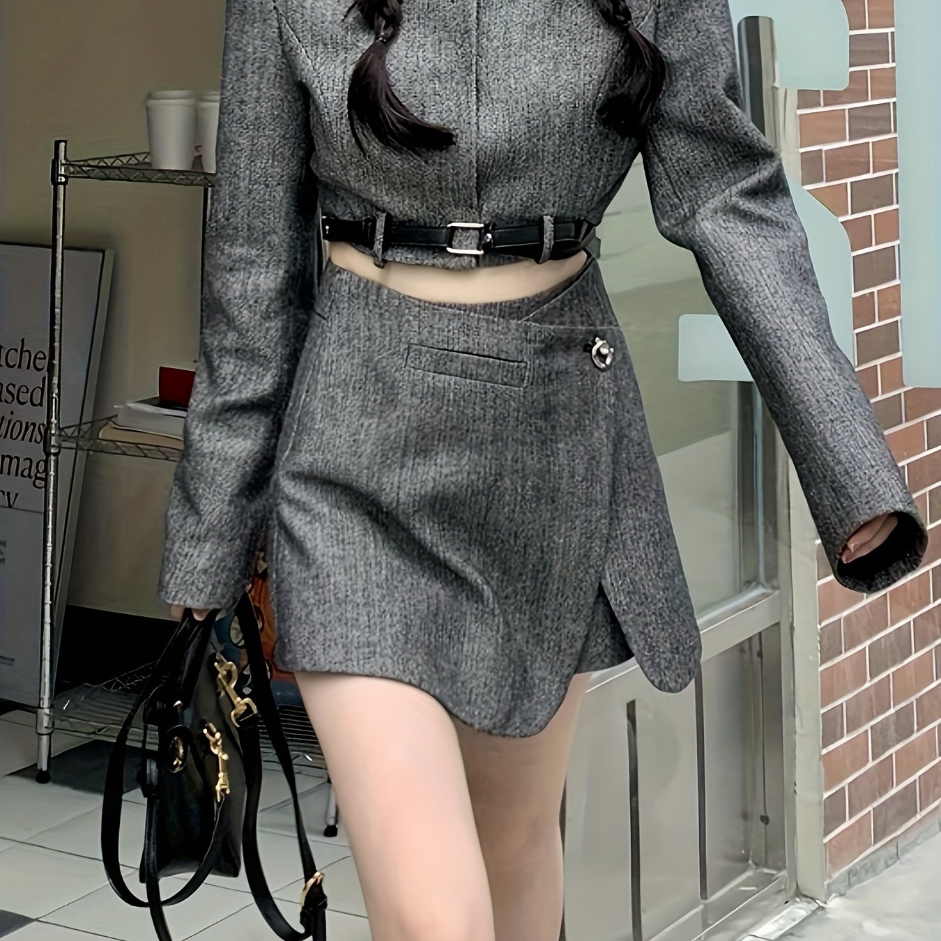 Sixsr Solid Crew Neck Belt Crop Top, Stylish Long Sleeve Top For Spring & Fall, Women's Clothing