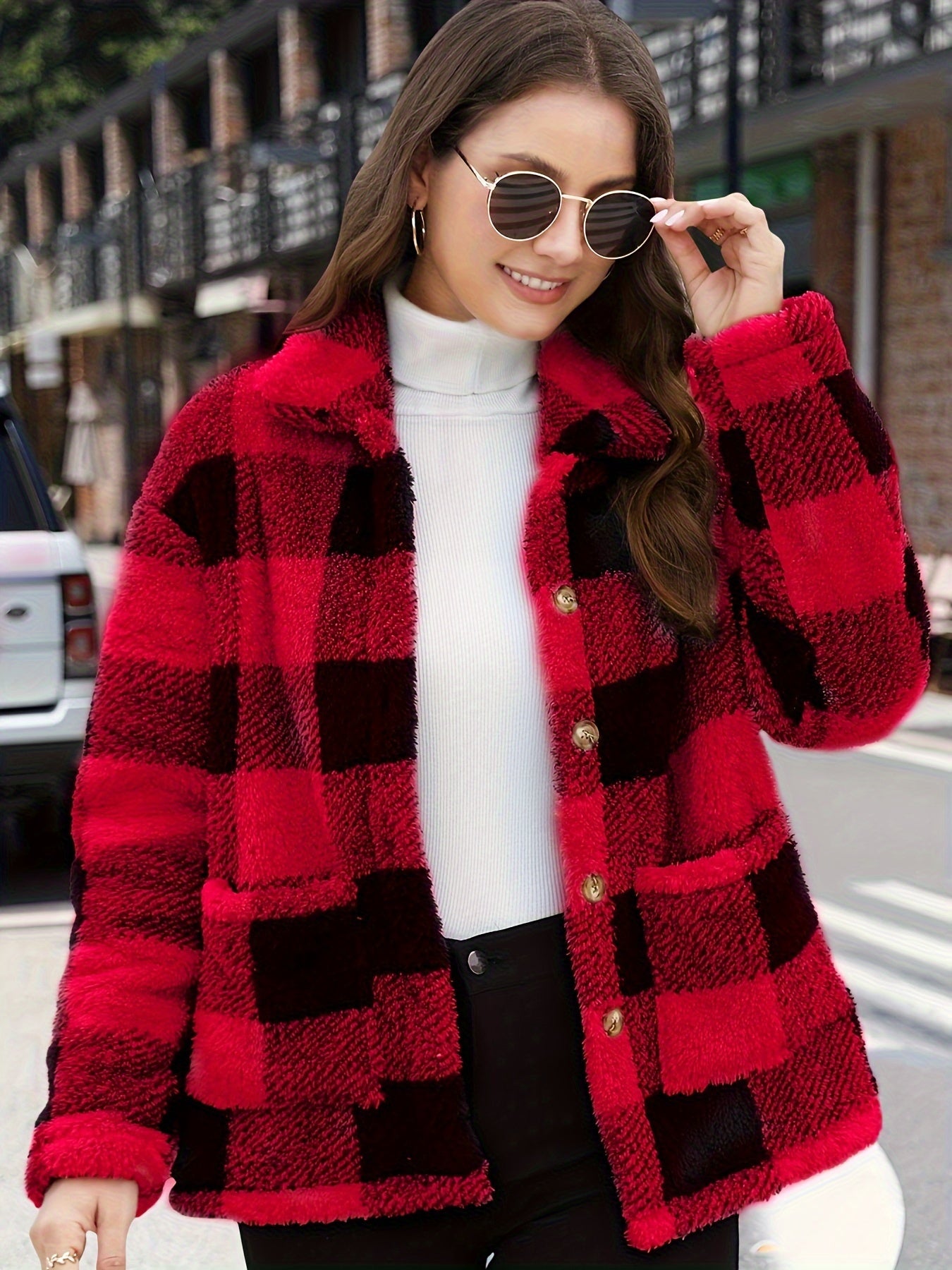 Sixsr Plaid Print Patched Pockets Teddy Coat, Versatile Long Sleeve Single Breasted Winter Outwear, Women's Clothing