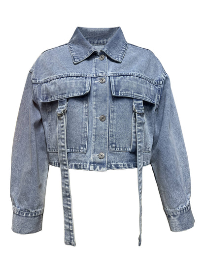 Adjustable Strap Flap Pocket Versatile Denim Coat, Long Sleeve Lapel Plain Washed Blue Denim Jacket, Women's Denim Jeans & Clothing