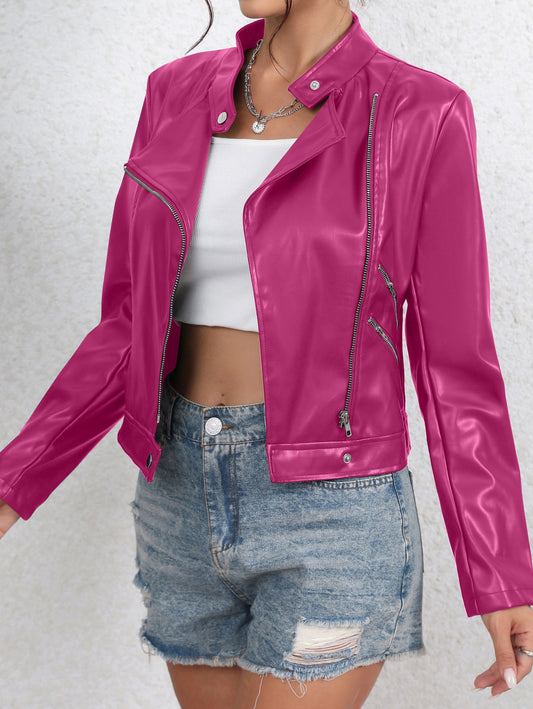 Sixsr Faux Leather Zip Up Jacket, Biker Long Sleeve Jacket For Fall & Winter, Women's Clothing