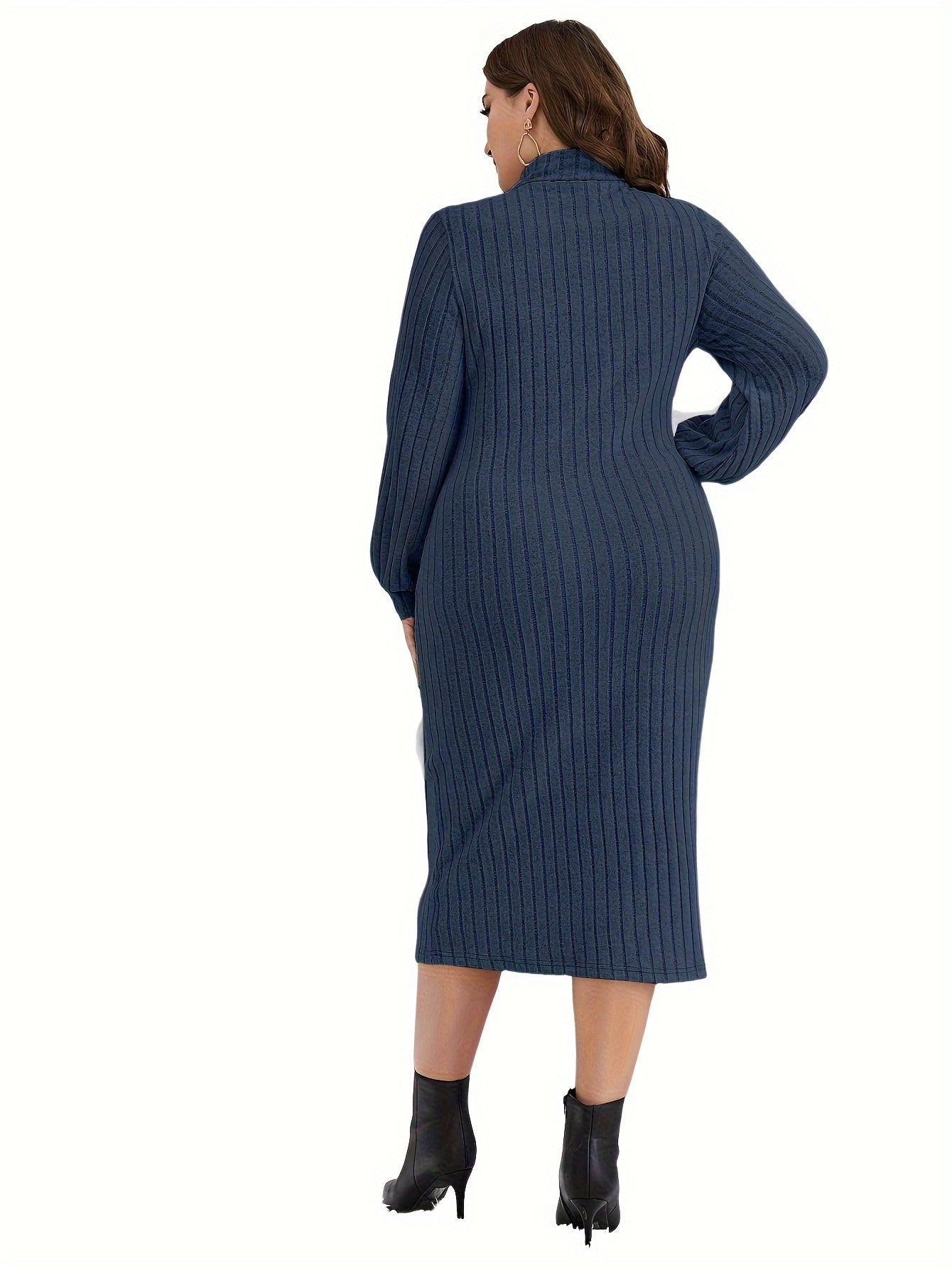 Sixsr Plus Size Casual Dress, Women's Plus Solid Ribbed Lantern Sleeve High Neck Bodycon Midi Dress