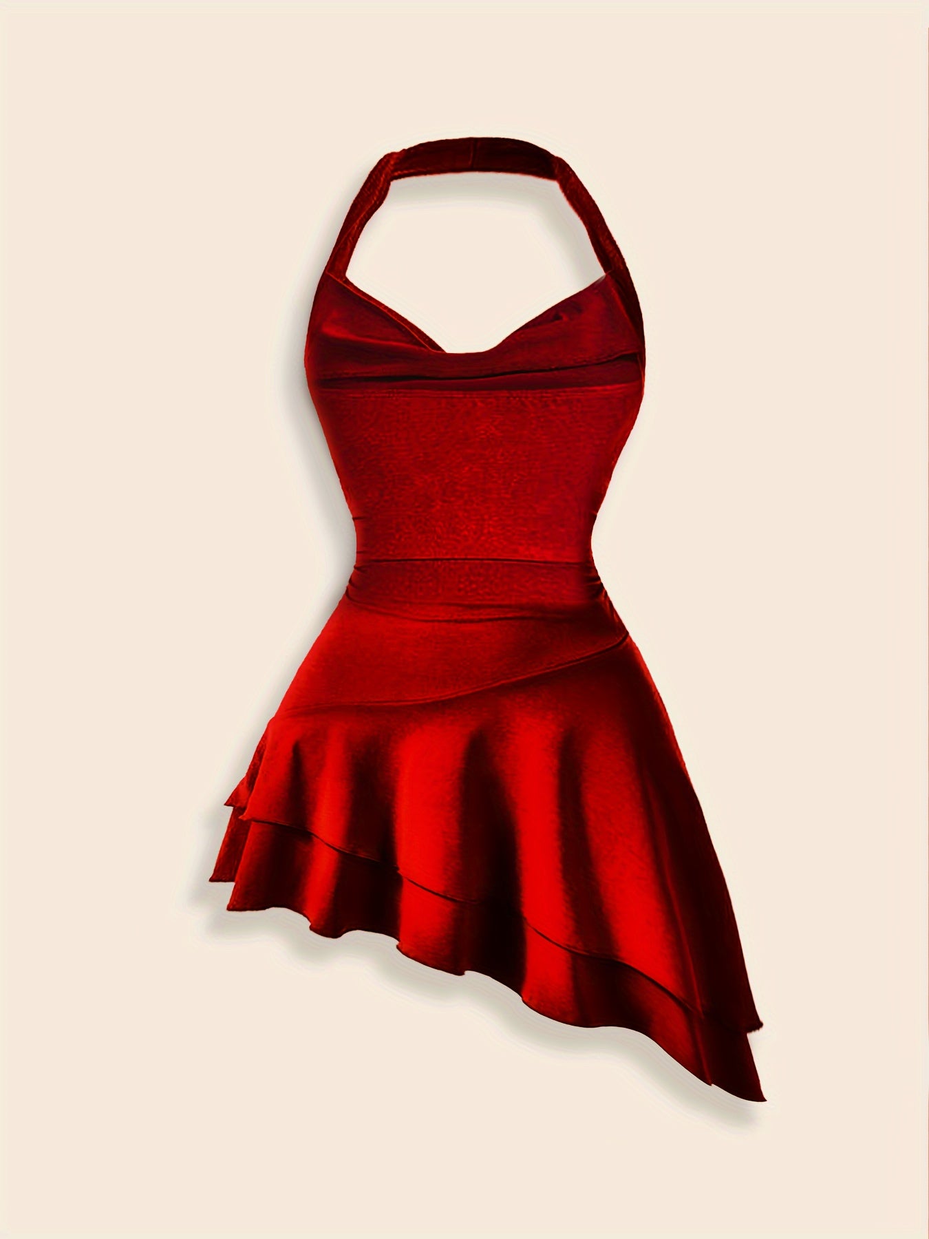 Sixsr  Solid Asymmetric Ruffle Hem Halter Top, Elegant Ruched Backless Top, Women's Clothing