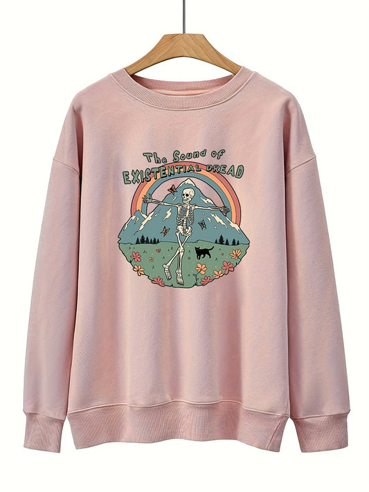 Sixsr Plus Size Halloween Sweatshirt, Women's Plus Skull & Rainbow & Letter Print Long Sleeve Round Neck Sweatshirt