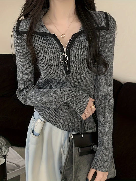 Sixsr Zip Turndown Collar Pullover Sweater, Casual Long Sleeve Slim Sweater, Women's Clothing