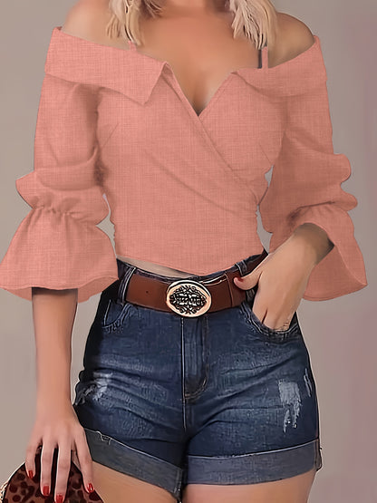 Sixsr  Solid Spaghetti Strap Blouse, Casual Bell Sleeve Surplice Neck Blouse, Women's Clothing