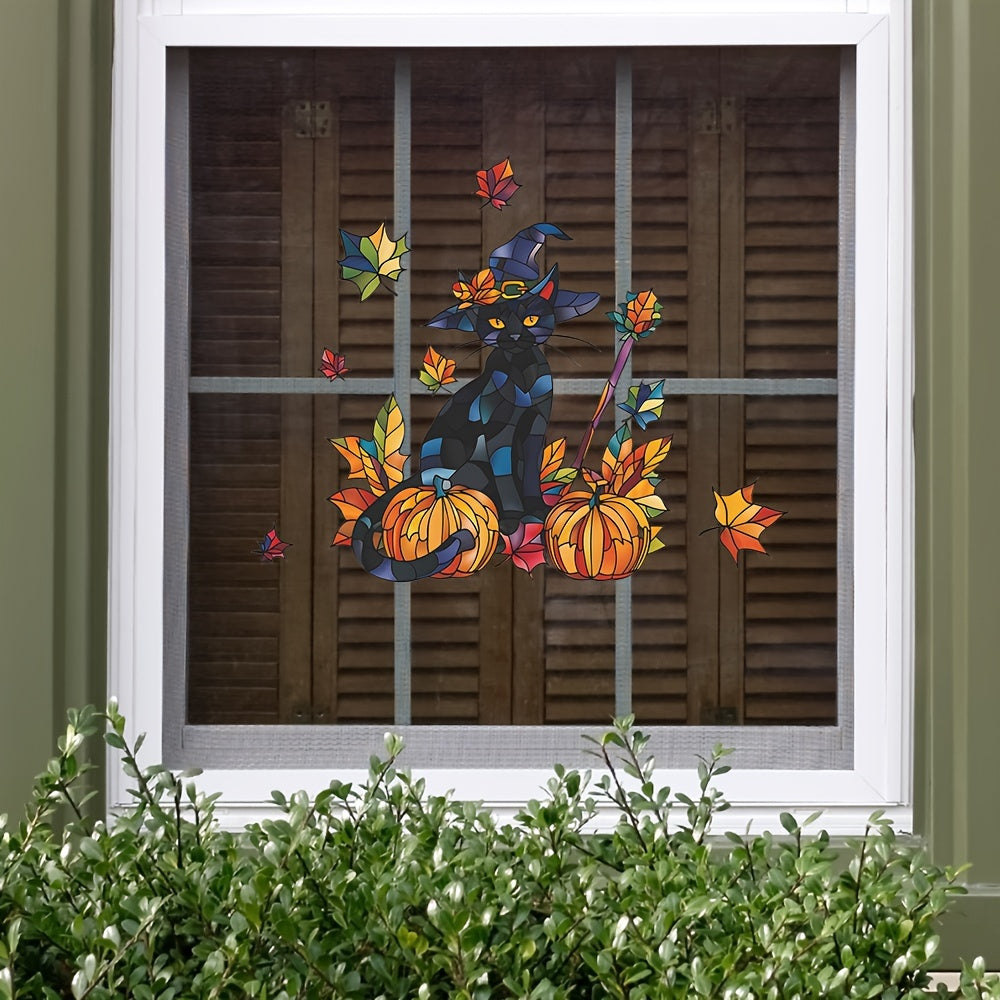 Festive Halloween Wall Decal: Black Cat, Pumpkins, and Fall Leaves - 38cm x 15inch - Contemporary Design - Self-Adhesive - Durable Vinyl - Perfect for Glass Windows and Doors