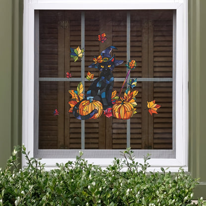 Festive Halloween Wall Decal: Black Cat, Pumpkins, and Fall Leaves - 38cm x 15inch - Contemporary Design - Self-Adhesive - Durable Vinyl - Perfect for Glass Windows and Doors