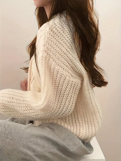 Sixsr Solid Button Down Cable Knit Cardigan, Casual Long Sleeve Loose Thick Sweater, Women's Clothing