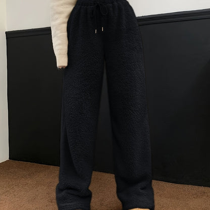 Sixsr Solid Teddy Drawstring Pants, Casual Straight Leg High Waist Pants, Women's Clothing