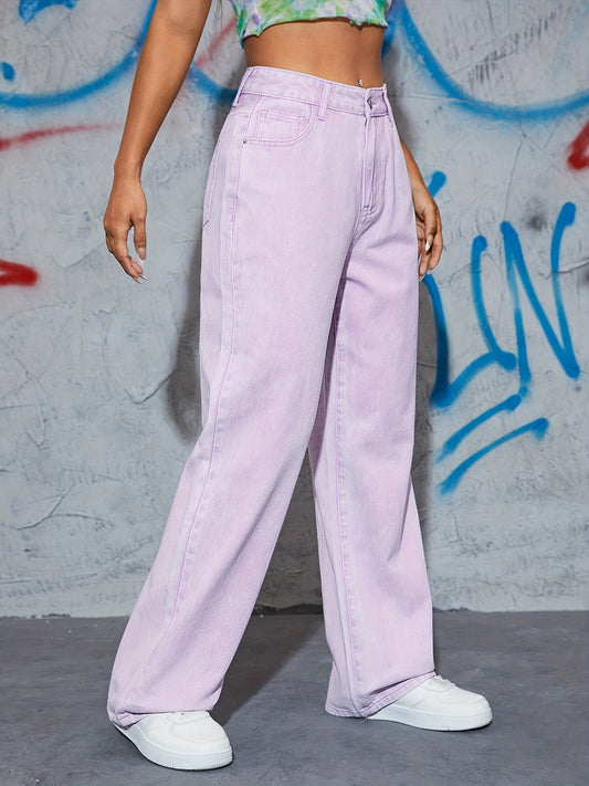 Sixsr Purple Loose Fit Straight Jeans, Slash Pockets Non-Stretch Mid Waist Baggy Denim Pants, Women's Denim Jeans & Clothing