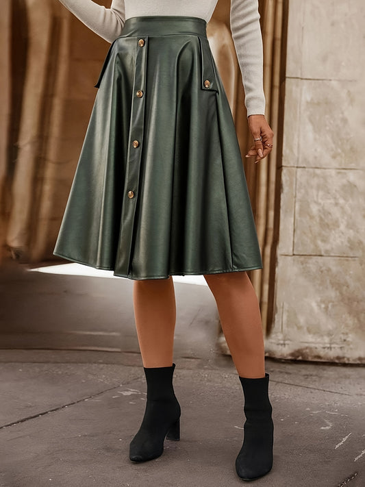 Sixsr Faux Leather Button Front Skirt, Elegant Ruffle Hem Midi Skirt With Pocket, Women's Clothing