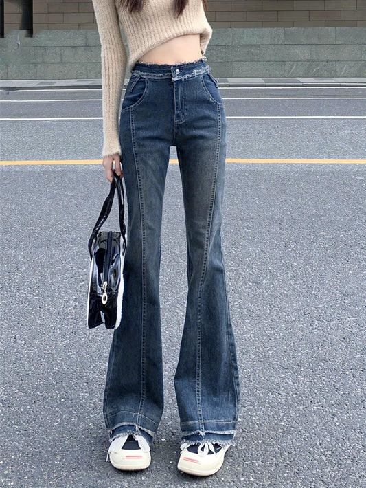 Sixsr Raw Trim Bell Bottom Denim Pants, High Waist Patchwork Stretchy Slim Fitted Flared Jeans, Women's Denim Jeans & Clothing