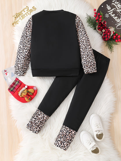 Girl's Leopard Pattern Outfit 2pcs, Sweatshirt & Leggings Set, MERRY CHRISTMAS Print Kid's Clothes For Spring Fall, Outdoor Clothing