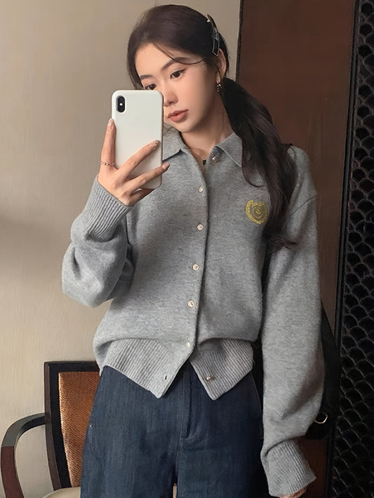 Sixsr Badge Pattern Button Up Knit Cardigan, Casual Turndown Collar Long Sleeve Sweater, Women's Clothing