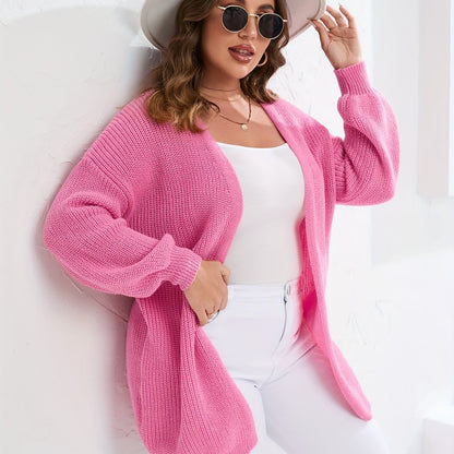 Sixsr Plus Size Solid Long Sleeve Knit Sweater Cardigan, Women's Plus Slight Stretch Casual Cardigan