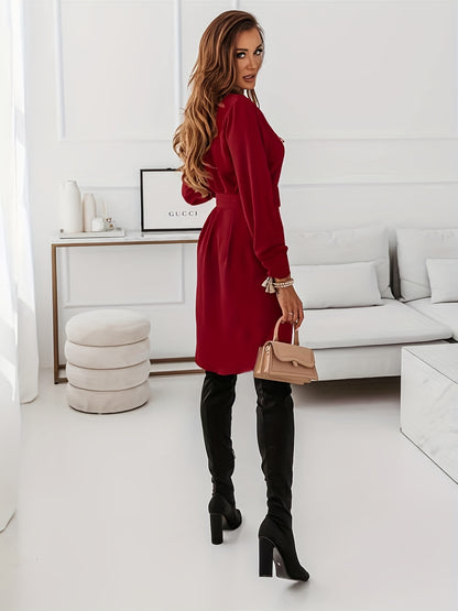 Sixsr Button Shirt Dress With Belt, Elegant Long Sleeve Dress For Spring & Fall, Women's Clothing