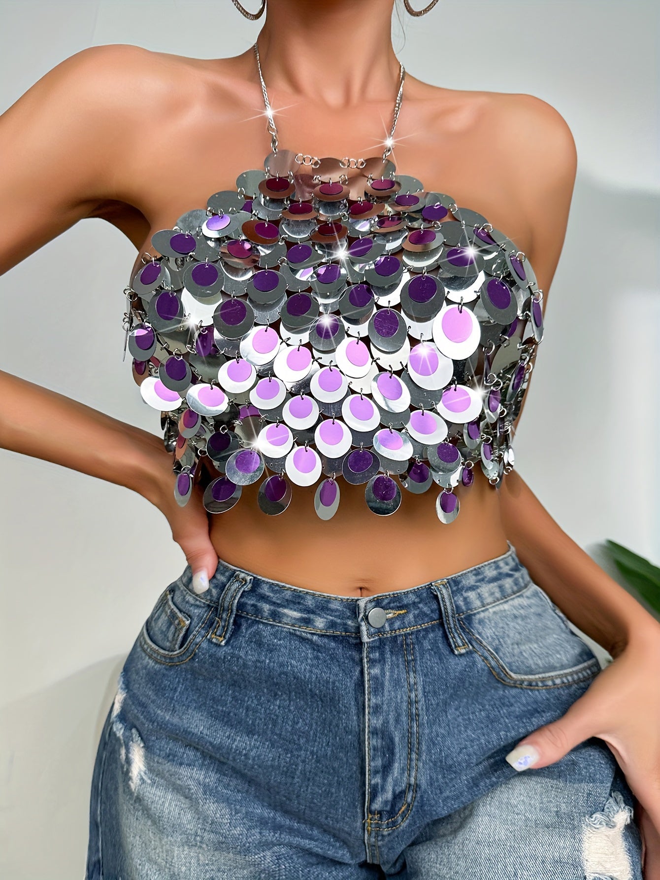 Sixsr  Contrast Sequin Halter Top, Club Wear Nightout Chain Strap Backless Crop Top, Women's Clothing