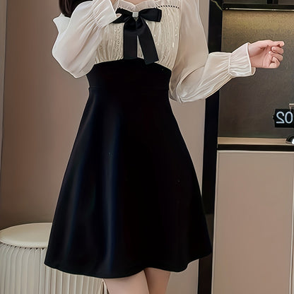 Sixsr Color Block Bow Tie Dress, Elegant Ruffle Trim Long Sleeve Dress, Women's Clothing