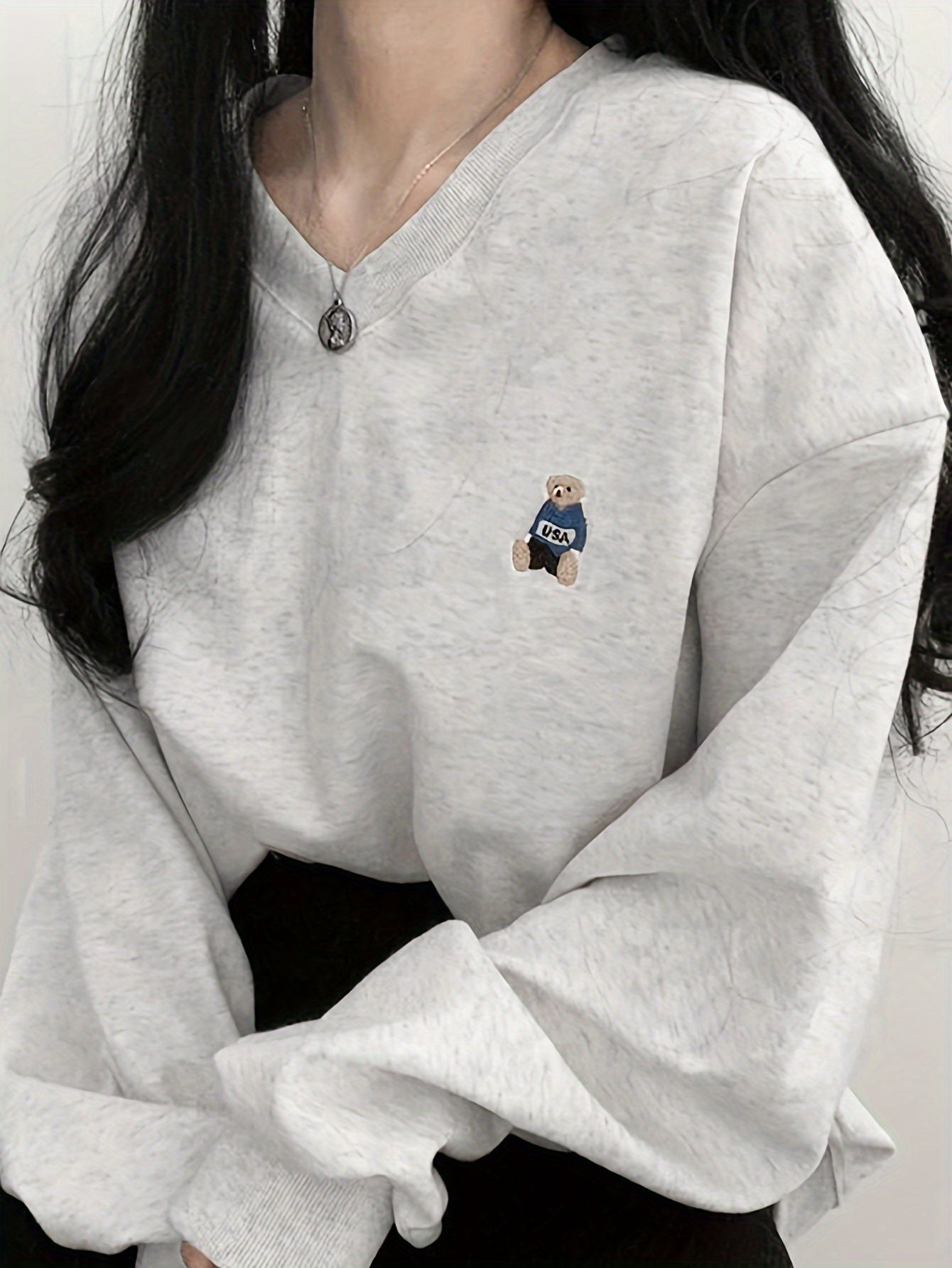 Sixsr Bear Pattern Embroidered Sweatshirt, Casual Long Sleeve V Neck Sweatshirt For Fall & Winter, Women's Clothing