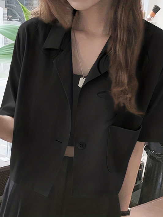 Sixsr Short Sleeve Lapel Collar Blazer, Casual Solid Blazer With Pocket For Spring & Summer, Women's Clothing