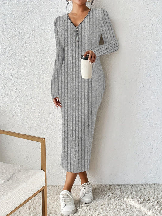 Sixsr Half Zip Ribbed Dress, Casual Solid Long Sleeve Every Day Dress, Women's Clothing