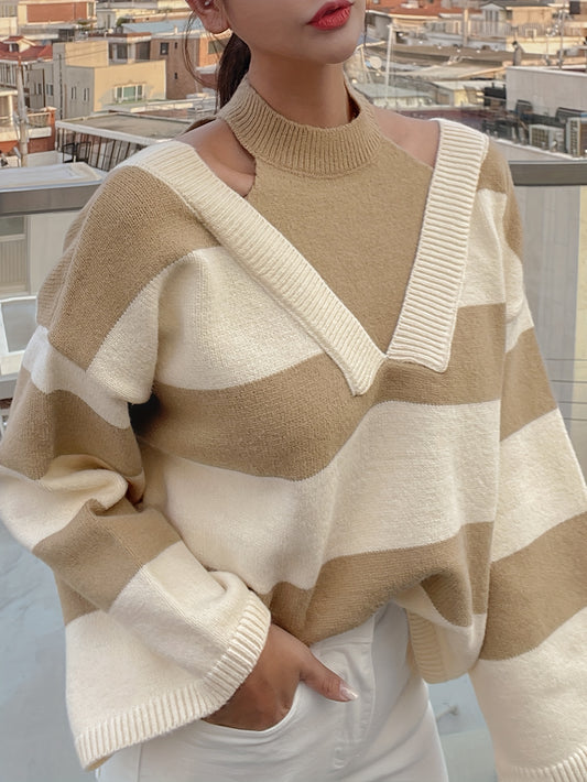 Sixsr Striped Cut Out Loose Pullover Sweater, Casual Mock Neck Long Sleeve Sweater, Women's Clothing
