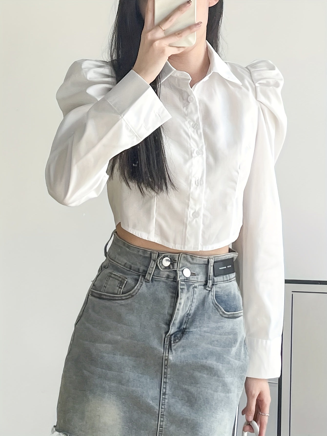 Sixsr Puff Sleeve Button Front Blouse, Casual Solid Color Lapel Crop Blouse For Spring & Fall, Women's Clothing