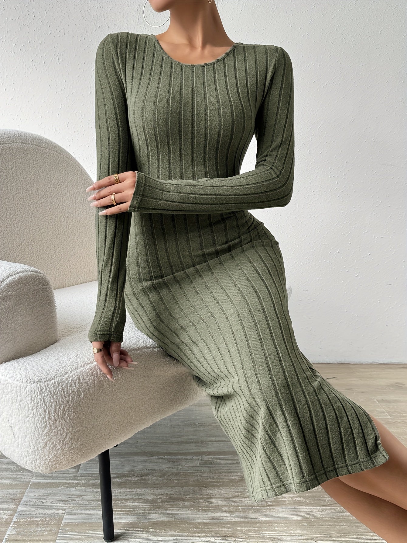 Sixsr Ribbed Solid Split Dress, Casual Crew Neck Long Sleeve Dress, Women's Clothing