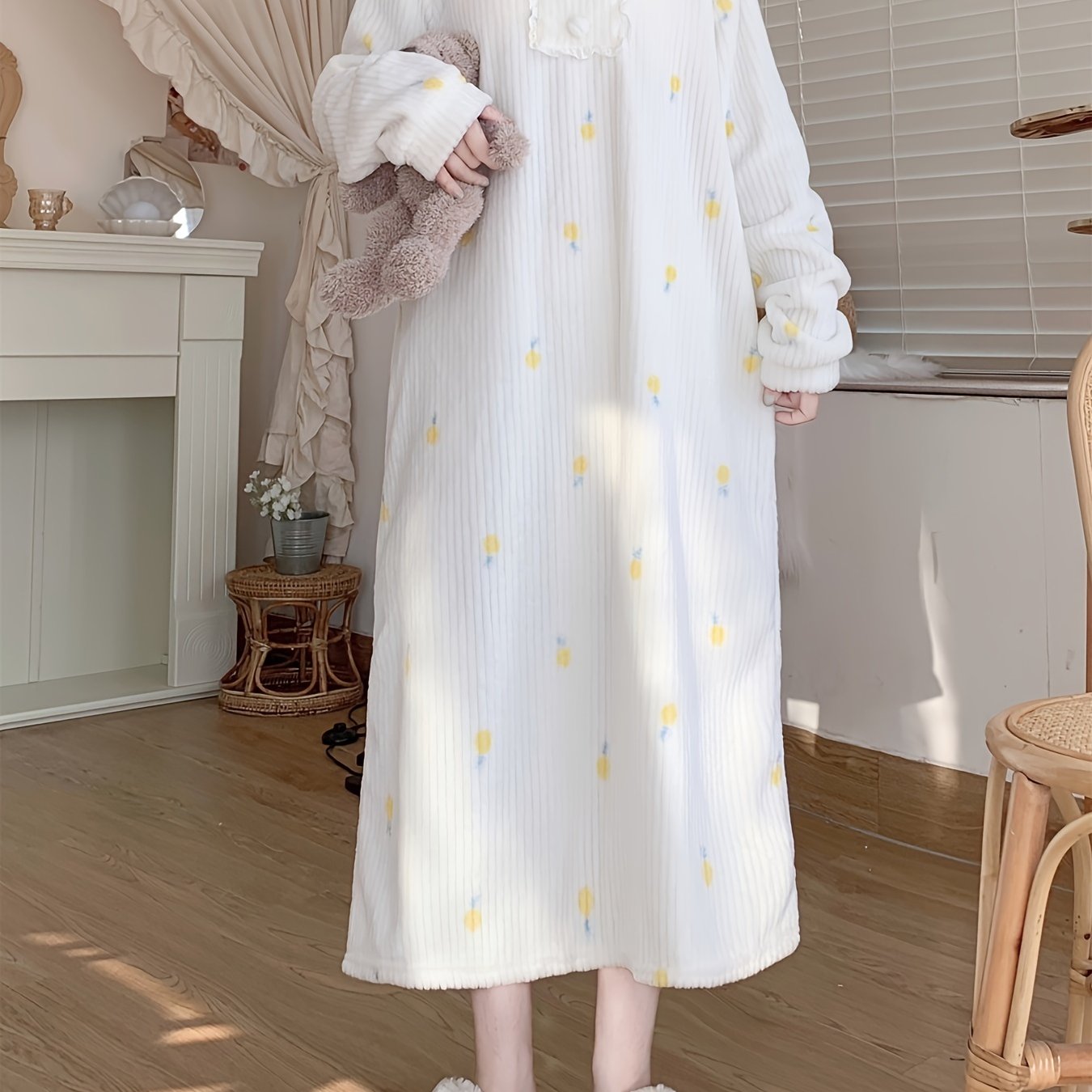 Sixsr Pineapple Print Fuzzy NightDress, Long Sleeve Lapel Pajama Dress, Women's Sleepwear & Dresses