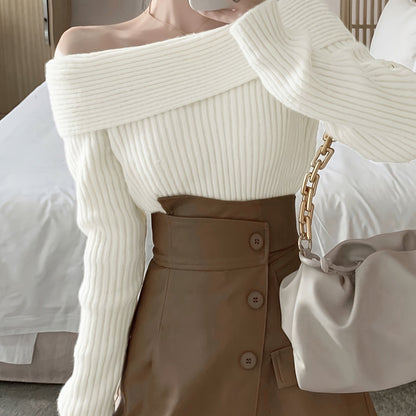 Sixsr Solid Off Shoulder Knit Sweater, Casual Long Sleeve Pullover Sweater, Women's Clothing