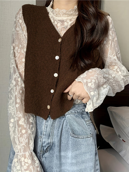 Sixsr Solid Button Down Knit Vest, Casual V Neck Sleeveless Sweater Vest, Women's Clothing